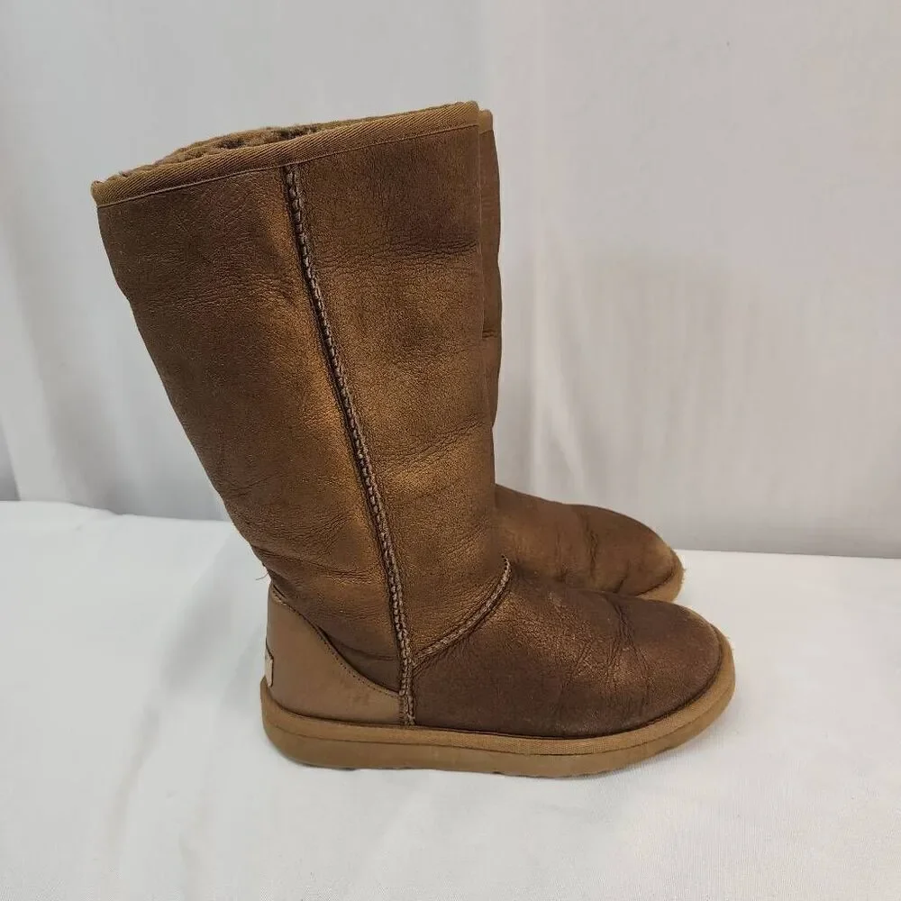 UGG Australia Size 7 Classic Tall Suede Metallic Bronze Sheepskin Boots